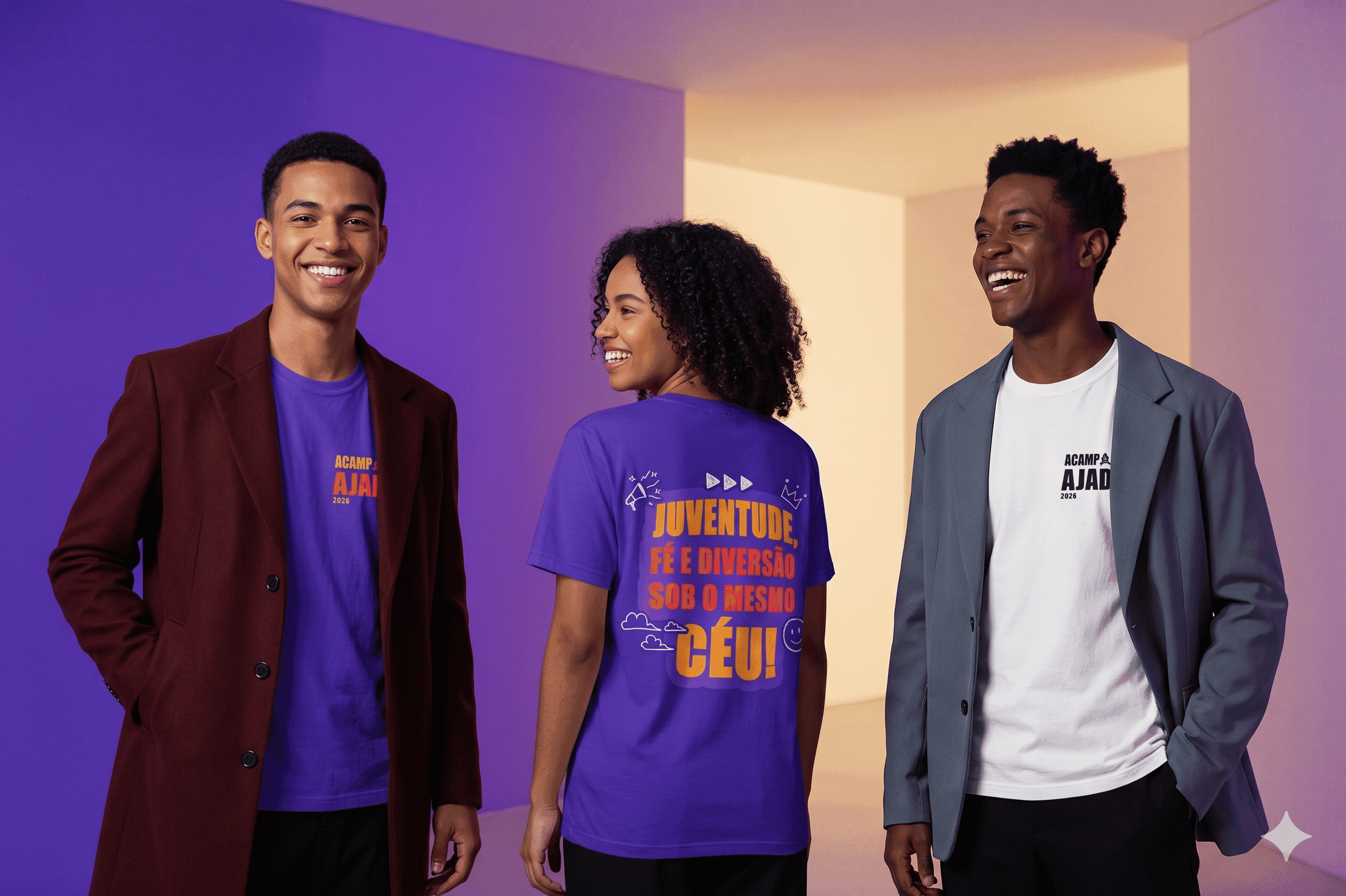 Jovens vestindo a camiseta oficial ACAMP AJAD 2026 nos modelos branca e roxa